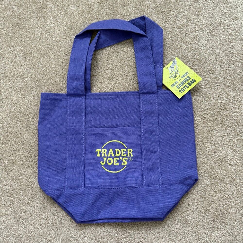 Trader Joes Halloween Mini Canvas Tote Bag Trick or Treat Purple Green NWT